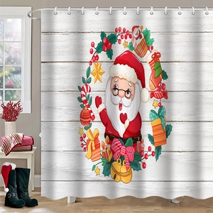 Rideau de douche de Noël avec motif Père Noël sur fond de bois blanc rustique élégant