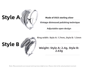 Detail of adjustable S925 sterling silver feather rings with vintage polished texture