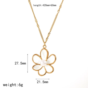 Golden flower necklace with white petals and pearl center, includes size specifications