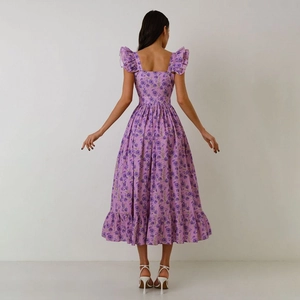 Elegant purple floral midi dress with ruffle shoulder straps and a square neckline back view