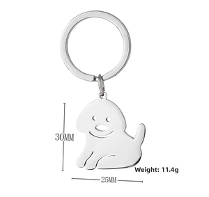 Detail view of funny dog keychain with 30mm diameter measurements and mirror-polished finish