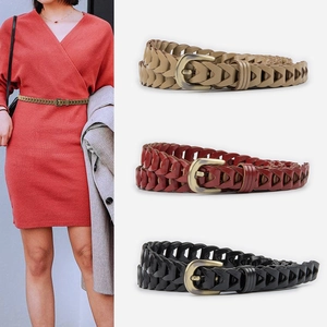 Women Woven Belt Faux Leather Alloy Pin Buckle Thin Retro Skinny Waistband For Jeans Dresses Sweaters Vintage Accessories