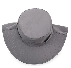 Detail of gray outdoor sun hat with black mesh ventilation and protective neck flap
