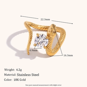 18K gold-plated stainless steel snake ring with round cubic zirconia in a top view
