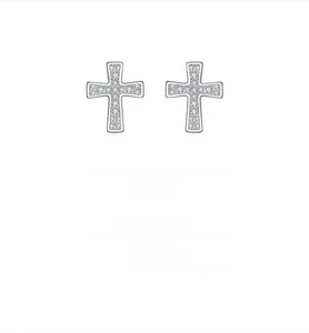 Detailed view of S925 sterling silver cross stud earrings with sparkling pavé zircons