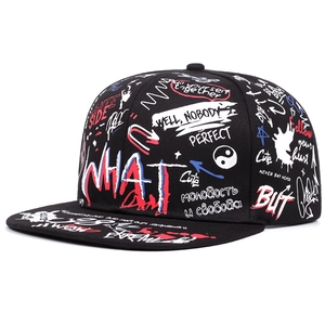 Black street style baseball cap featuring colorful graffiti prints and flat brim design