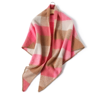 Pink and camel plaid cashmere-like scarf with knitted texture on white background