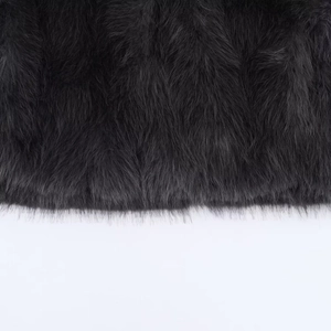 Close-up detail of luxurious black faux fur texture on a short fashion coat