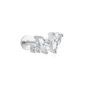 Detail of S925 silver ear stud with pear-cut crystals and flat back labret post