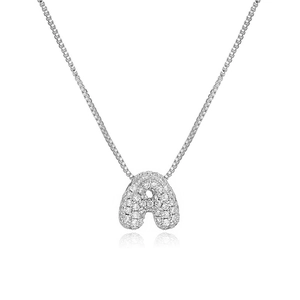 Silver box chain necklace with iced out letter A pendant and sparkling cubic zirconia stones