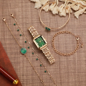 Golden square quartz watch with emerald green dial and set of three matching bracelets