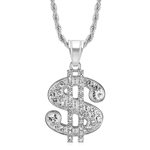Pendente dollaro argento con strass e catena a corda stile hip hop per uomo e donna