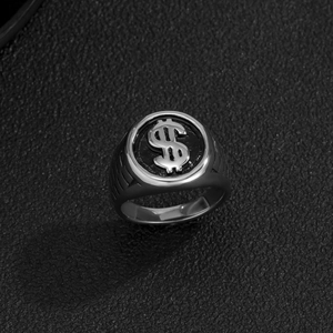 Retro silver dollar sign ring for men with embossed currency symbol and minimalist texture