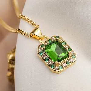 Classic gold necklace with square emerald green zircon pendant and micro-set crystals