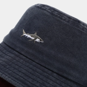 Navy blue washed cotton bucket hat with shark embroidery and reinforced stitched brim