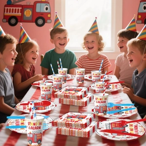 Leuke rode brandweer auto verjaardag feest servies papieren borden en bekers voor kids.