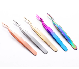 Detailed set of five professional stainless steel tweezers in assorted metallic finishes