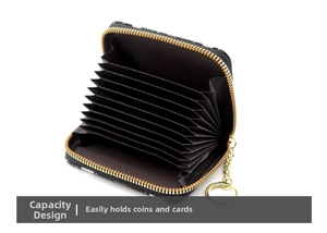 Detail of accordion card holder showing multiple card slots and gold zipper closure