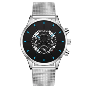 Silver stainless steel mesh watch for men with black dial and blue calendar markers