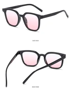 Detail view of pink lens sunglasses with black frame from side and back angles