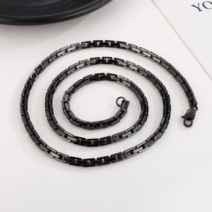 Sleek black square link titanium steel necklace with 925 silver finish lobster clasp