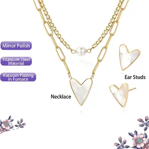 Heart Mother Of Artificial Pearl Necklace And Stud Earrings Titanium Steel Jewelry With White Faux Artificial Pearl Elegant Minimalist Women