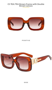 Detail view of tea-colored square sunglasses C5 with golden hinges and gradient lenses