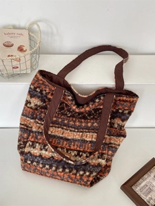 Vintage plush geometric stripe tote bag with thick textured fabric for autumn winter commute