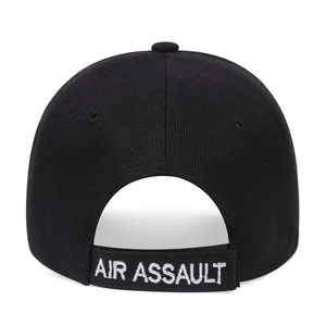 Detail view of cotton baseball cap back with white Air Assault embroidery on velcro strap
