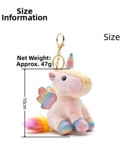 Detail view of 10cm pink plush unicorn keychain with rainbow glitter wings and gold clasp