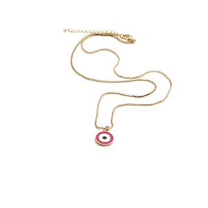 Gold-plated chain necklace featuring a pink enamel evil eye pendant on white background