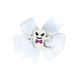 Halloween white ribbon bow hair clip featuring a glitter ghost and pink sequin tie
