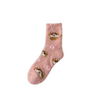 Pink coral fleece socks with cute cartoon tiger and flower patterns for women