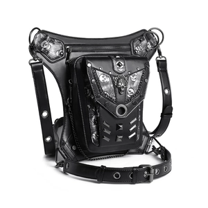 Gothic punk black leather waist bag with silver metal skull studs and chains