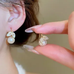 Elegant Gold Plated Leaf Fish Tail Artificial Pearl Drop Earrings With Cubic Zirconia Micro Pave Inlaid Luxury Jewelry For Women