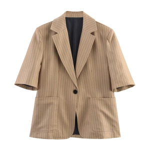 Women Pinstripe Linen Blend Short Sleeve Blazer And Wide Leg Trousers Casual Office Streetwear Khaki