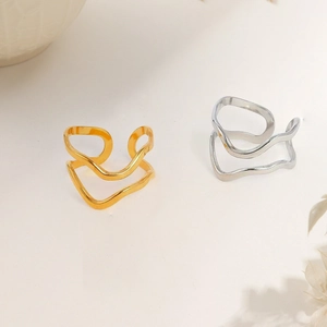 Minimalist 18K gold and silver plated wave-shaped open rings with a polished metal finish