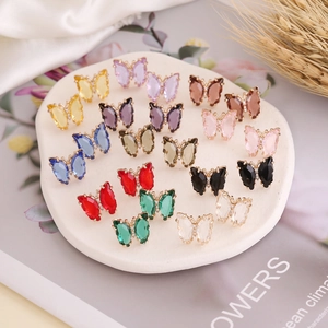 Butterfly Stud Earrings Copper Glass Zircon With 925 Sterling Silver Earring Post Elegant Multi Color Women Accessories
