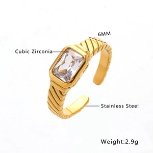 18K gold plated stainless steel rope ring with rectangular cubic zirconia stone