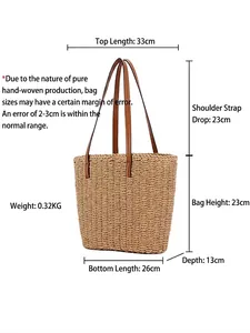 Maße der französischen Stroh-Tote-Bag mit braunem Lederriemen und beiger Textur