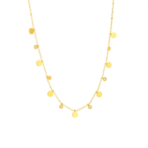18K gold plated stainless steel necklace featuring small metal discs and clear crystals