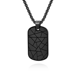 Minimalist black stainless steel dog tag pendant with geometric crack patterns for men