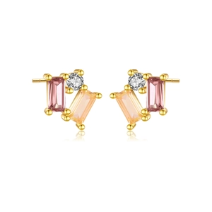Elegant S925 silver stud earrings with pink and champagne rectangle crystals in gold