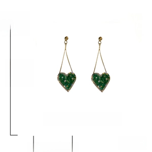 Detailed view of green crystal heart drop earrings with 925 silver needles and dimensions