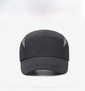 Front view of black 5-panel quick-dry sports cap with breathable side mesh panels