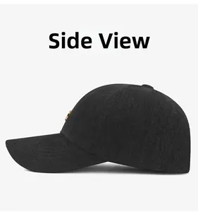 Side view of structured black baseball cap featuring herringbone texture and gold metal R logo