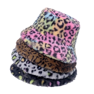 Colorful Leopard Print Faux Fur Bucket Hat Warm Plush Winter Basin Cap For Women Trendy Outdoor Windproof Accessory