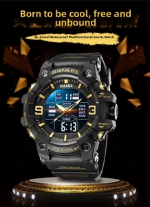 Close-up of dual-display camouflage sports watch with LED light and waterproof features