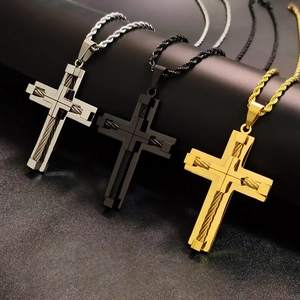 Cross Pendant Necklace Stainless Steel With Steel Wire Inlay Vintage Religious Punk Style For Men
