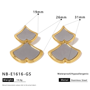 Detailed technical drawing of gold shell earrings with dimensions and material specs